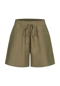 Pantaloni corti color khaki realizzati in tessuto leggero, con vita elastica e cordoncino, caratterizzati da un taglio dritto e senza tasche.