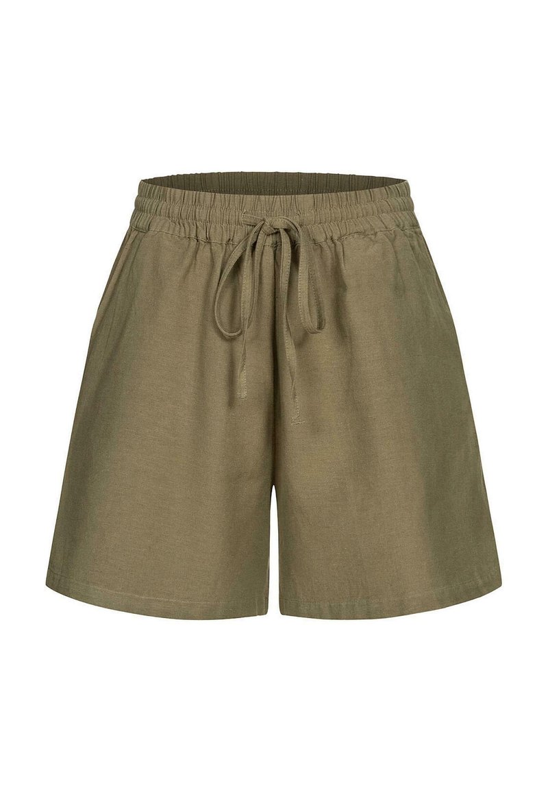 Pantaloni corti color khaki realizzati in tessuto leggero, con vita elastica e cordoncino, caratterizzati da un taglio dritto e senza tasche.