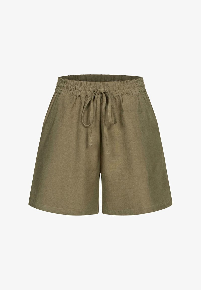 Pantaloni corti color khaki realizzati in tessuto leggero, con vita elastica e cordoncino, caratterizzati da un taglio dritto e senza tasche.