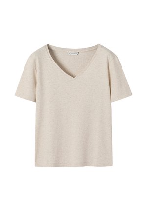Kort beige V-hals kortærmet bomulds T-shirt, medium størrelse, ensfarvet design på hvid baggrund.