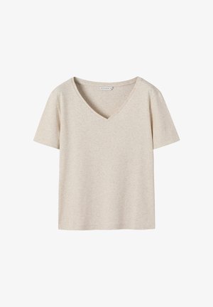 Krótki beżowy bawełniany T-shirt z dekoltem w serek i krótkim rękawem, rozmiar średni, prosty wzór na białym tle.
