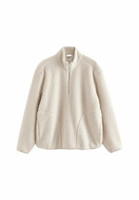 Pull en polaire écru avec un col à demi-zip, des manches longues et des poches latérales ; texture douce et ourlet arrondi avec des coutures d'accent.