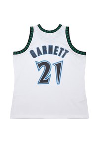 Weißes Basketballtrikot mit grünen und schwarzen Akzenten. Auf der Rückseite steht "GARNETT" und die Nummer "21" in blauen und schwarzen Buchstaben. Mit Netzstruktur.