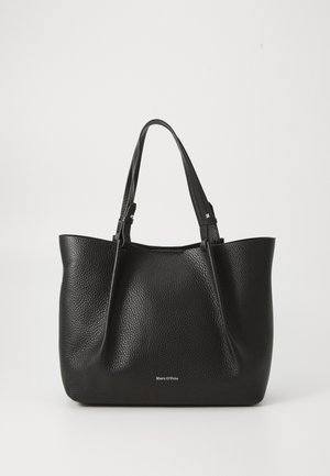 Black textured leather tote bag with double shoulder straps and small silver brand logo centered near base.