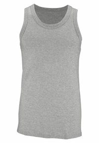 Gray sleeveless tank top made from soft fabric, featuring a round neck and a simple, unadorned design. Smooth texture and regular fit.