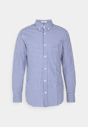 Blau-weiße Karomuster-Hemden, lange Ärmel, Button-Down-Kragen, eine Brusttasche, aus Baumwollmaterial, glatte Textur.