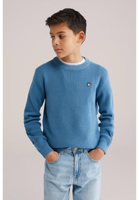 Pull en maille bleu avec une surface texturée, encolure ronde et petit logo brodé sur la poitrine, porté avec un jean en denim clair.