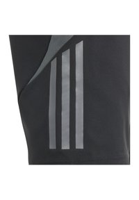 Zwarte sportshorts met grijze strepen aan de zijkant, gemaakt van een gladde, rekbare stof met een subtiele textuur.
