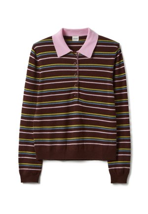 Bruine lange mouw gebreide trui met horizontale strepen in roze, blauw en groen, voorzien van een roze kraag en een knopenlijst aan de voorkant.