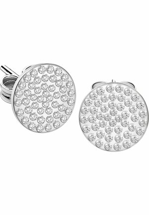 Runde sølv øreringe med flere små klare krystaller arrangeret i et klyngebillede.