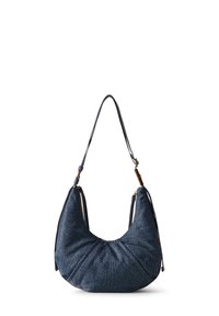 Navyblaue, strukturierte Handtasche in Halbmondform mit gerafftem Stoff, verstellbarem Tragegurt, goldenen Hardware-Akzenten und glattem Futter.