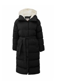 Schwarzer Steppmantel mit cremefarbenem Kapuzenfutter, langen Ärmeln, Knopfleiste und einem Taillengürtel. Das Material ist gesteppte für Isolierung und Wärme.