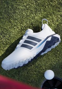 Λευκό παπούτσι γκολφ με μαύρες ρίγες που βρίσκεται πάνω σε χόρτο κοντά σε μπαλάκι του γκολφ και τρύπα.