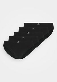 Lot de cinq slips en coton noir avec une texture lisse, une taille élastique et un petit logo sur le devant. Design classique de slip.