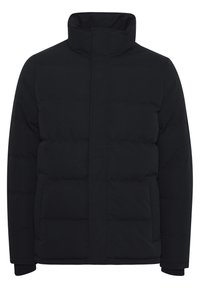 Black puffer jacket with a high collar, front zip closure, and two side pockets. Features a quilted design and ribbed cuffs.
