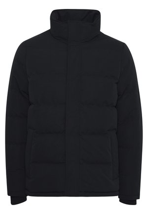 Giacca a vento nera con colletto alto, chiusura frontale con zip e due tasche laterali. Presenta un design trapuntato e polsini a coste.