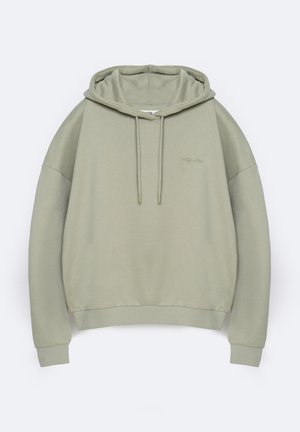 Light olive green hoodie, cotton blend, featuring a large hood, drawstrings, loose fit, and embroidered logo on the chest.
