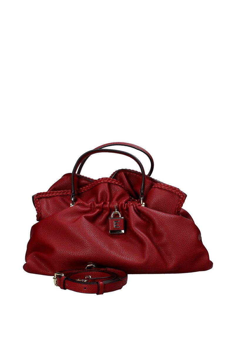 Borsa a tracolla in pelle rossa con una design arricciato, dettagli intrecciati, doppi manici e una tracolla removibile. Presenta un'emblema a lucchetto con la lettera "E."