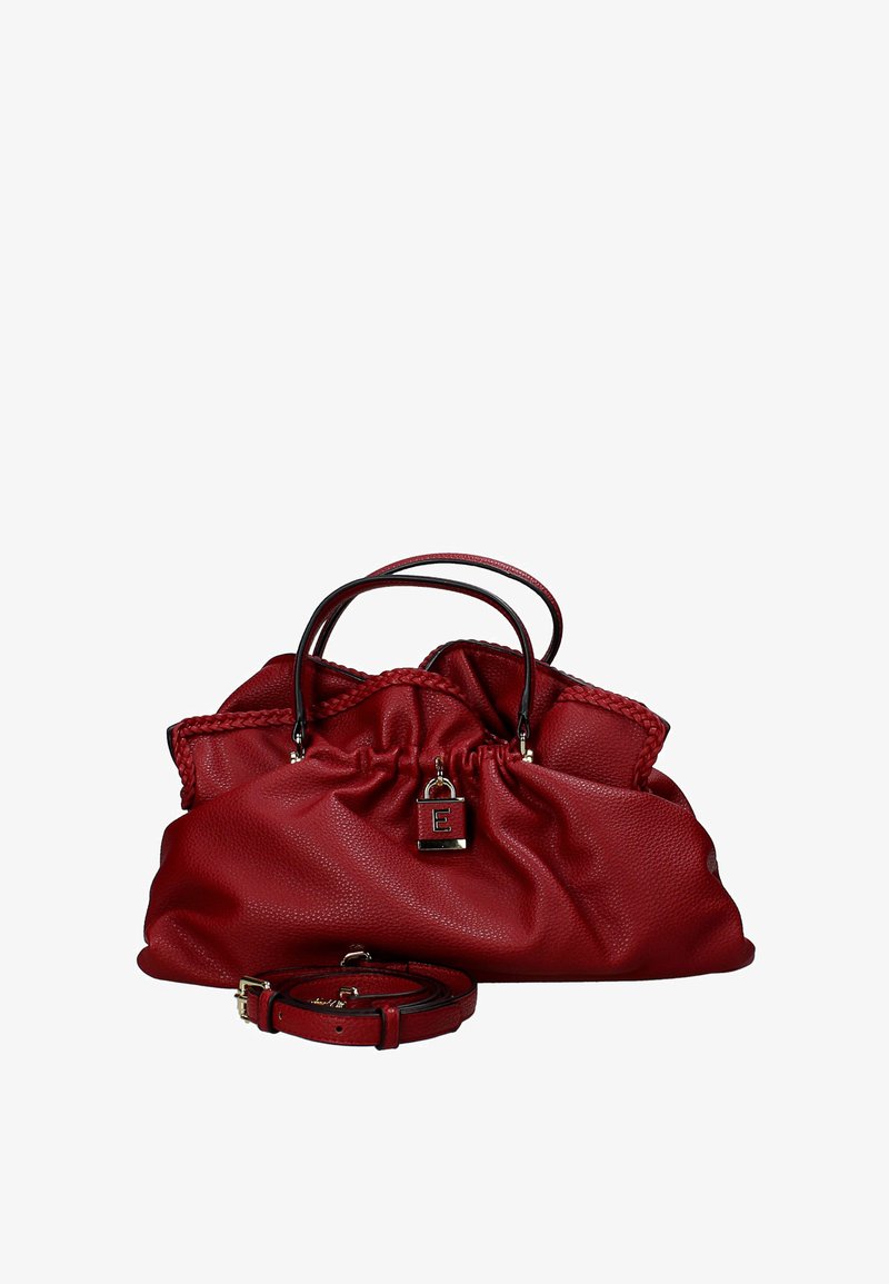 Borsa a tracolla in pelle rossa con una design arricciato, dettagli intrecciati, doppi manici e una tracolla removibile. Presenta un'emblema a lucchetto con la lettera "E."
