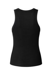 Must ribi musta varrukateta topp ümmarguse kaelusega, esitatud tagantpoolt, ühevärvilise valge taustaga.