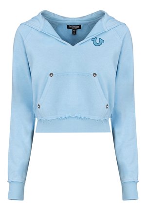 Lichtblauwe cropped hoodie van zacht materiaal, met een capuchon, voorzak, versleten onderzoom en een subtiel geborduurd logo op de borst.