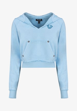 Hellblaue, kurz geschnittene Kapuzenjacke aus weichem Stoff, mit Kapuze, Vordertasche, ausgefranstem Saum und einem dezenten gestickten Logo auf der Brust.