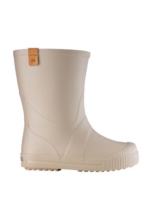Beige mid-calf rubber boot with textured sole and brown leather pull tab on a white background.