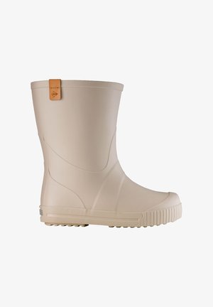 Beiger Gummistiefel bis zur Mitte der Wade mit profilierter Sohle und braunem Lederzuglasche auf weißem Hintergrund.