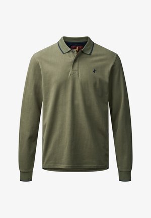 Olīvzaļga garām piedurknēm polo krekls ar tumski zilu apkakli, trīs pogu aizdari un mazu logotipu kreisajā krūtī. Gluda tekstūra.