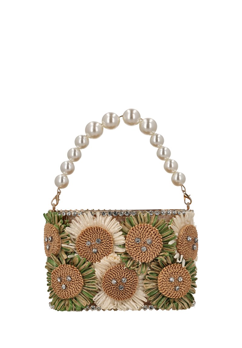 Bolso tejido con diseño floral, con flores beige, acentos verdes y un asa de perlas. Decorado con cristales a lo largo de la parte superior.