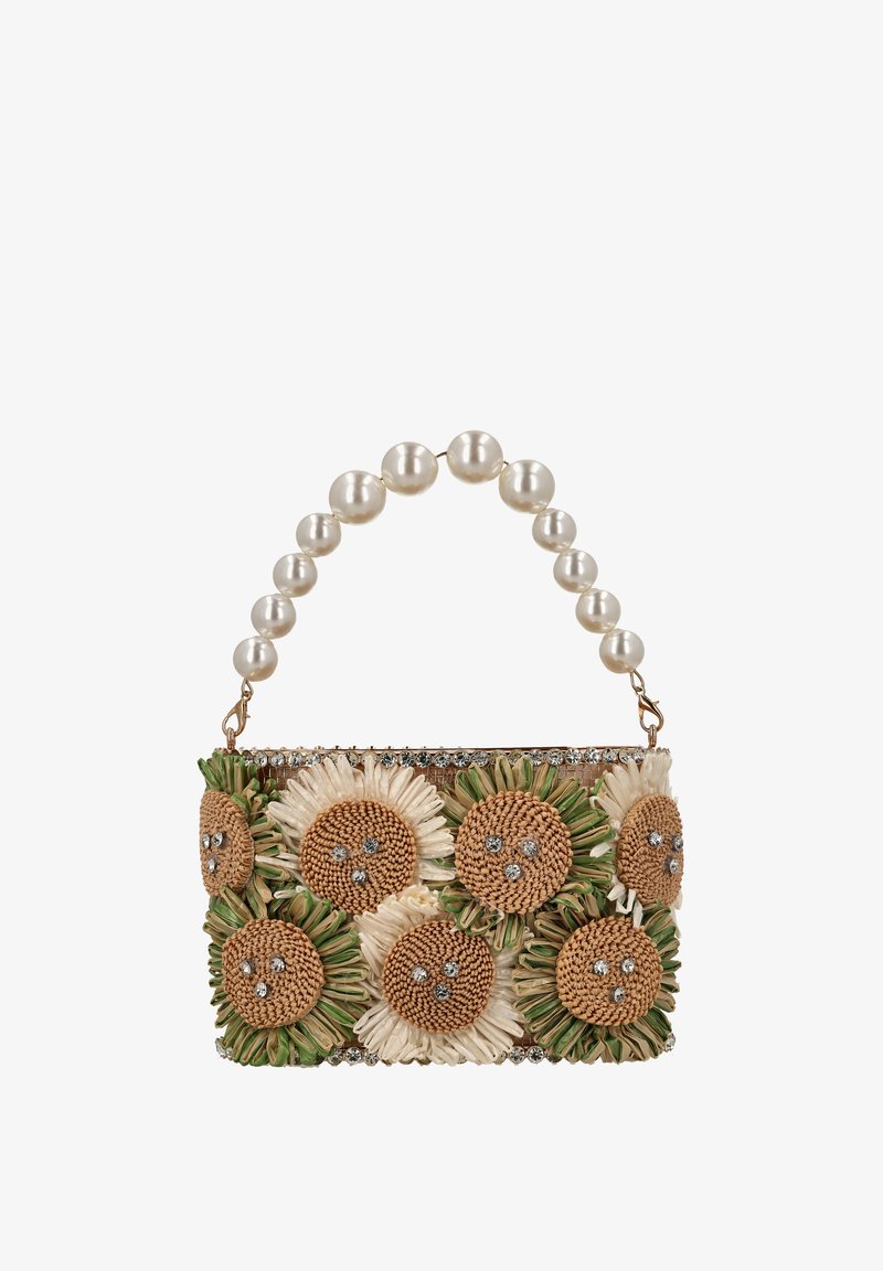 Bolso tejido con diseño floral, con flores beige, acentos verdes y un asa de perlas. Decorado con cristales a lo largo de la parte superior.
