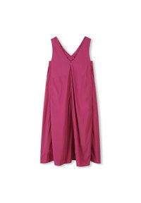Abito rosa pallido con scollatura a V, spalline larghe e silhouette fluida, realizzato in materiale leggero. Presenta una zip sul retro.