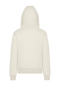 Sweat-shirt à capuche crème avec une coupe décontractée, des poignets et un ourlet côtelés. Texture douce avec une finition lisse, sans motifs ni embellissements visibles.