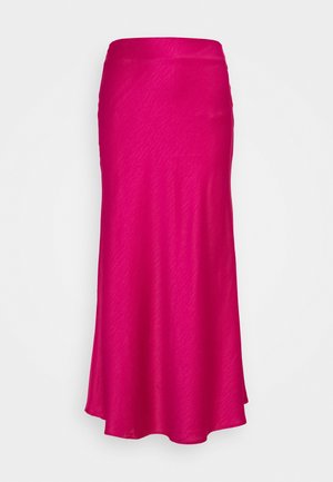 Falda larga y ajustada en tela de color rosa brillante con una textura suave, con un diseño sencillo y dobladillo acampanado. Adecuada para diversas ocasiones.