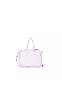 Borsa strutturata in morbida pelle bianca con duplice manico superiore e tracolla rimovibile. Presenta dettagli in oro e una chiusura con zip.