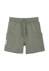 Shorts vert kaki en mélange de coton doux. Dotés d'une taille élastique avec cordon de serrage et de deux poches latérales. Patch de branding minimaliste.