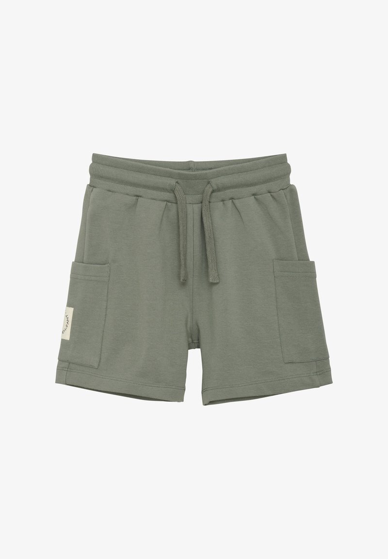 Shorts vert kaki en mélange de coton doux. Dotés d'une taille élastique avec cordon de serrage et de deux poches latérales. Patch de branding minimaliste.