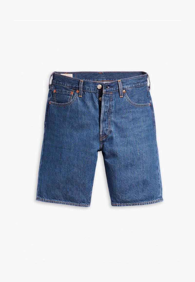 Shorts in denim blu scuro, con taglio diritto, design a cinque tasche e cuciture arancioni. Chiusura con bottone e passanti per cintura inclusi.