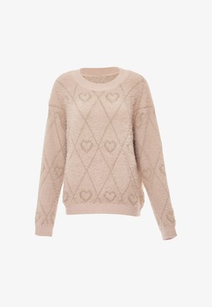 Lyserød, fuzzy sweater med diamantmønster og hjerte motiver i et struktureret stof. Ribbet krave, ærmer og søm.
