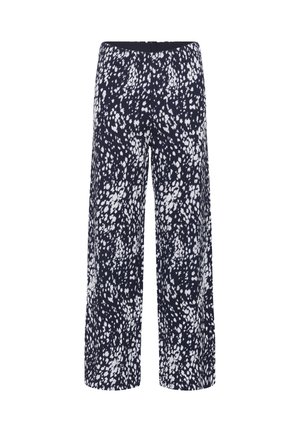 Pantalon culotte marine avec un motif à petits points blancs, taille élastique, jambes larges et tissu léger. Convient pour un usage décontracté.