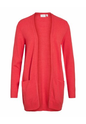 Cardigan lunga a maniche lunghe colore corallo con apertura frontale, due tasche anteriori, polsini e orlo a costine, realizzato in morbido tessuto a maglia.