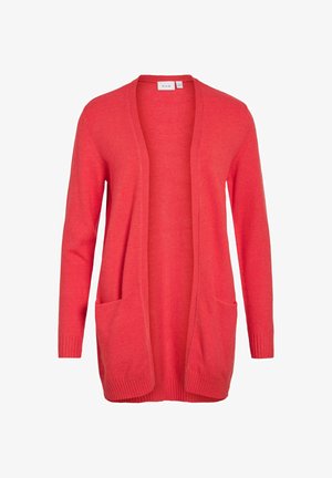 Korálový kardigan s dlouhými rukávy a otevřeným předním dílem, dvěma předními kapsami, žebrovanými lemy na rukávech a spodním okraji, vyrobený z měkké pleteniny.