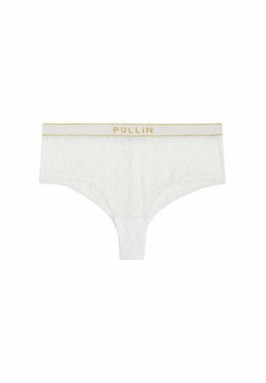 Sous-vêtements féminins en dentelle blanche avec une ceinture élastique dorée portant le nom de la marque "PULLIN" en lettres dorées.