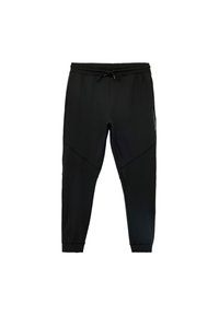 Sorte sweatpants lavet af blødt materiale, med elastisk talje og snørebånd, sammenløbende ben og detaljer i side- sømmen.