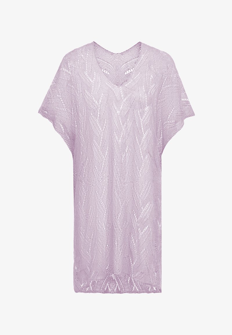 Liliowy sweter z dekoltem w serek, krótkimi rękawami i teksturowanym wzorem w zygzaki. Lekki, luźny krój wykonany z oddychającego materiału.