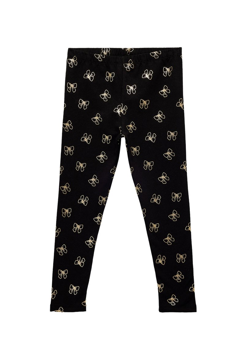 Musta leggings, joissa on toistuva kultainen nauhakuosi. Valmistettu joustavasta kankaasta, jossa on mukava joustovyötärö.