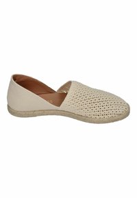 Beige slip-on shoe with open woven upper, solid canvas back, and textured espadrille sole. Lightweight and breathable design.