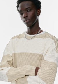Beige en crèmekleurige gestreepte trui met ribbelstructuur, voorzien van een ronde halslijn en lange mouwen. Een zilveren ketting accentueert de look.