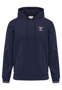 Marineblauwe hoodie met een voorkantzak, capuchon met trekkoord en ribgebreide manchetten. Bevat een rood geborduurd logo op de borst. Soepele stoftextuur.