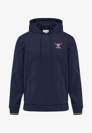Marineblauwe hoodie met een voorkantzak, capuchon met trekkoord en ribgebreide manchetten. Bevat een rood geborduurd logo op de borst. Soepele stoftextuur.